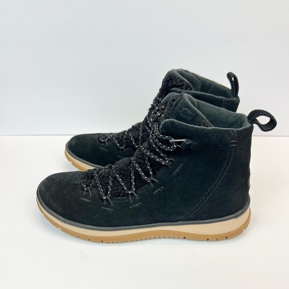 Ugg Boots Womens Size 9.5 Lakesider Heritage Mid Short Boots Black Suede Sherpa - Picture 2 of 12